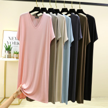 莫代尔薄款连衣裙女装夏季宽松显瘦V领短袖T恤裙纯色大码长裙