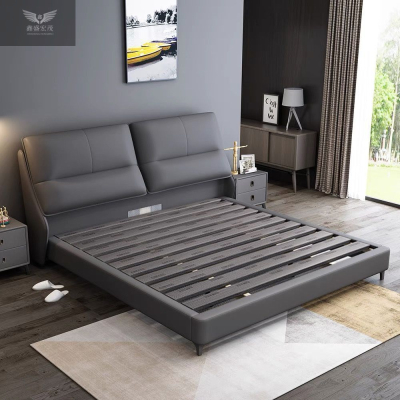 Cama de cuero minimalista italiana nórdica dormitorio principal atmósfera de gama alta cama doble de 1.8m madera maciza cama de matrimonio
