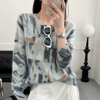 新款扎染渐变羊绒羊毛圆领针织衫长袖女印花拉毛绒软糯宽松羊毛衫