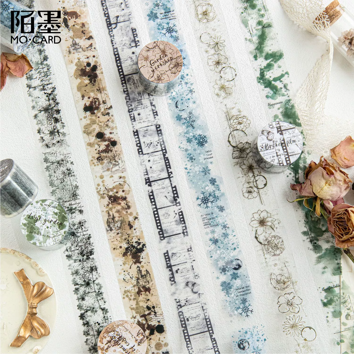 Mo Mo Paper Ink Trace Series PET Белая чернильная лента Декоративный материал для журнала Коллаж База 6 стилей.