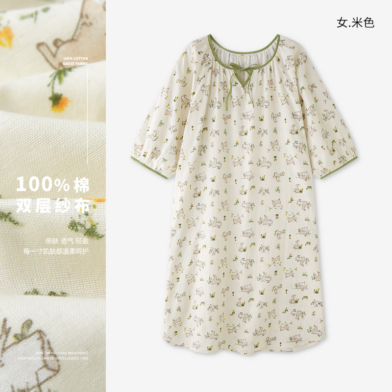 キュート65-フレンチスタイルナイトガウン レディース 夏用 綿ガーゼパジャマ 七分袖 ゆったり 大きめサイズ 綿100% マタニティロングドレス