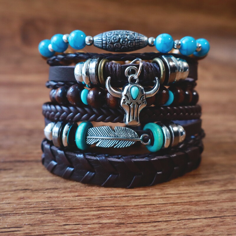 Temu Xiyin Hot-Selling Retro Fashion Style Turquoise Feather Bull Head Multi-Layer Elastic Cord 6-Piece Men's Bracelet Set