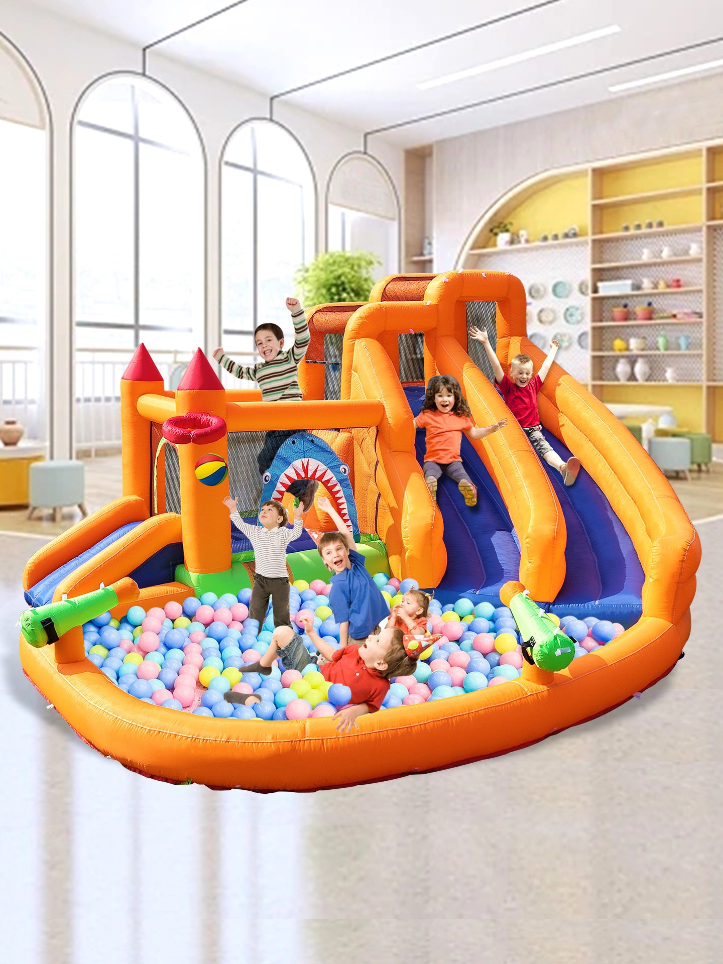 usuarios de hogares de niños transfronterizos al aire libre slide interior de dos vías juguetes traviesos castillo saltar piscina chorro castillo inflable