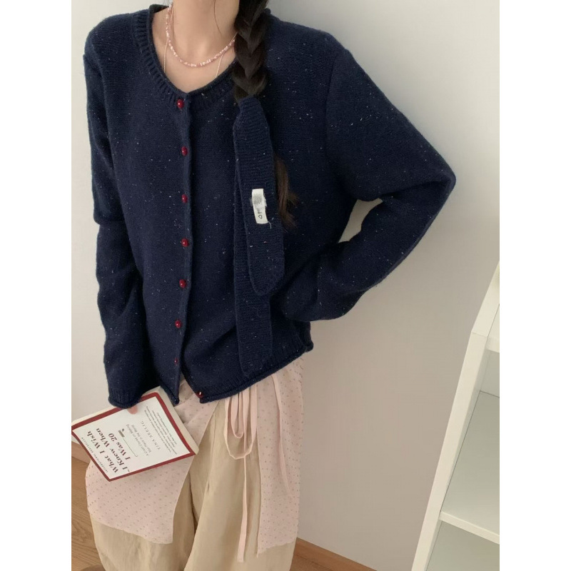 复古彩点杂线圆领围巾飘带毛衣开衫女秋冬宽松软糯波浪纹针织衫潮|undefined