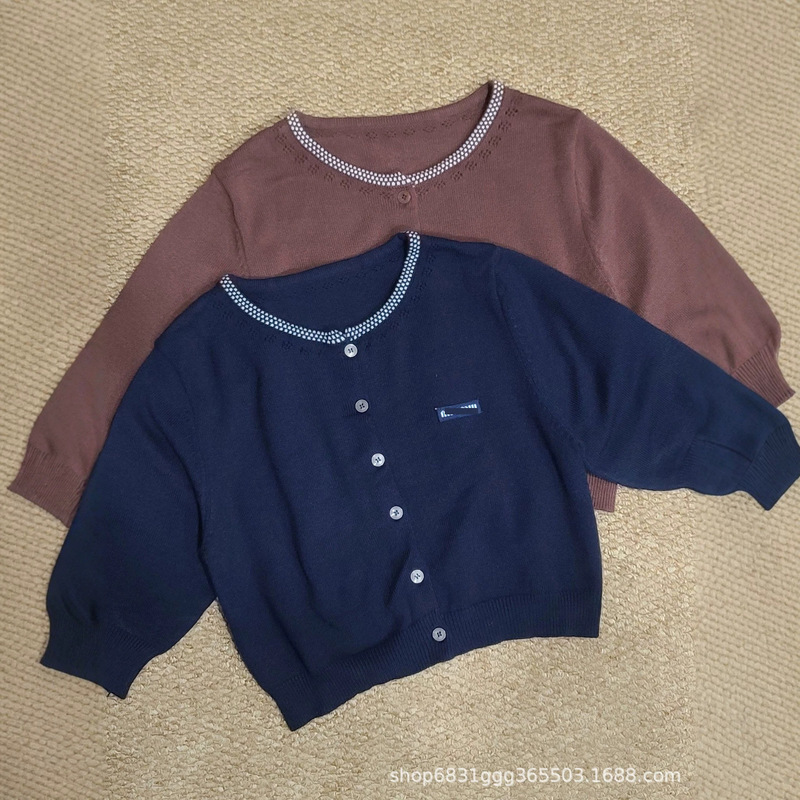 2026 New Round Neck Knit Cardigan for Women, Short Sleeve, Three-Quarter Sleeve, Hollow Collar with Beaded Edge Design, Navy Blue and Brown Top
