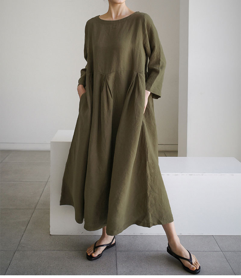 High Quality Spot 2023 Autumn New Loose Large Size Dress Japanese Korean Style Cotton Linen Round-neck Dress display picture 5