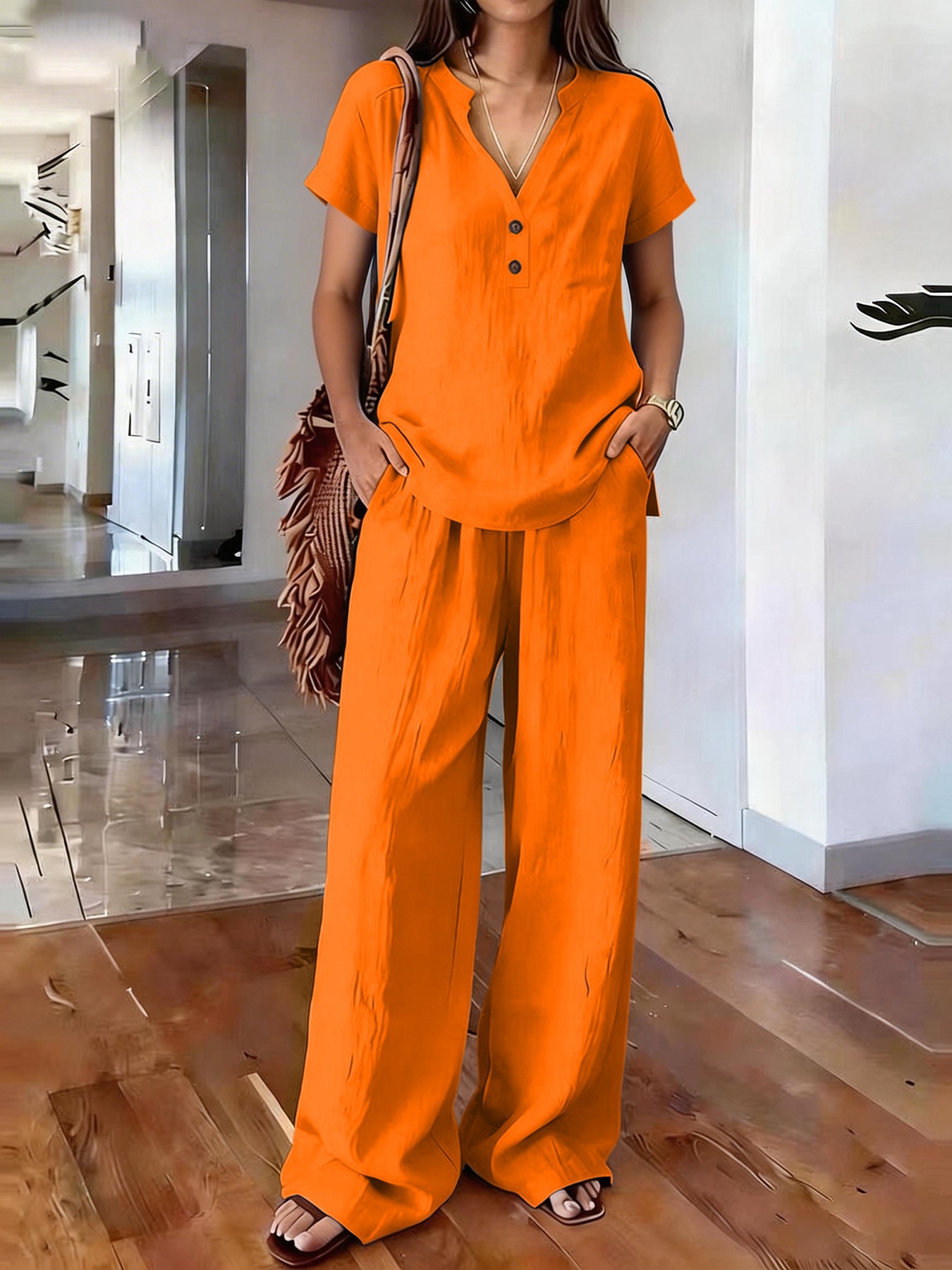 Women's Clothing Women's Casual Cotton Linen Top And Wide Leg Pants Set V Neck Button Up Old Money Style Solid Color_ecoleips.com