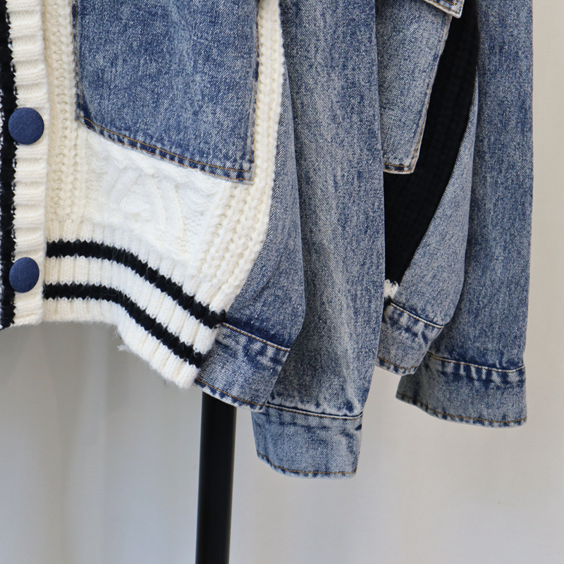 Women's Clothing denim stitching knitted cardigan autumn and winter new loose casual versatile lazy sweater jacket _voghion.com