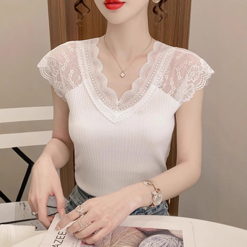 Quzhu Ice Silk Spring and Summer Sling Knitwear Short-sleeved T-shirt Women's Slim-fit V-neck Lace Outer Wear Inner Top