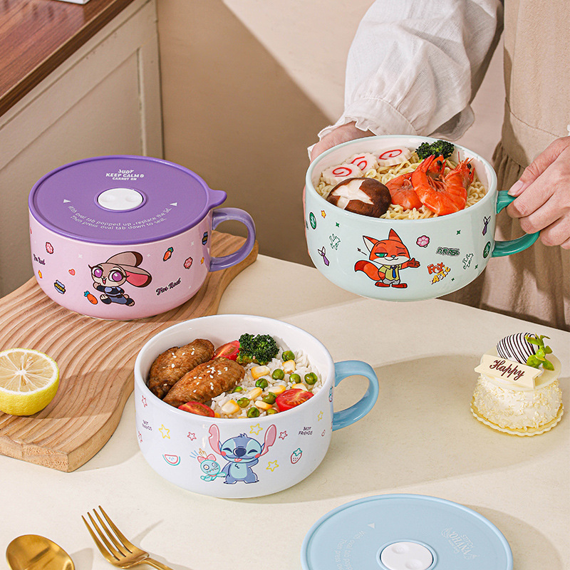 Disney Ceramic Instant Noodle Bowl, Sealed, for Students and Office Workers, Microwave-Safe, Household Use, Cartoon Cute Lunch Box XL