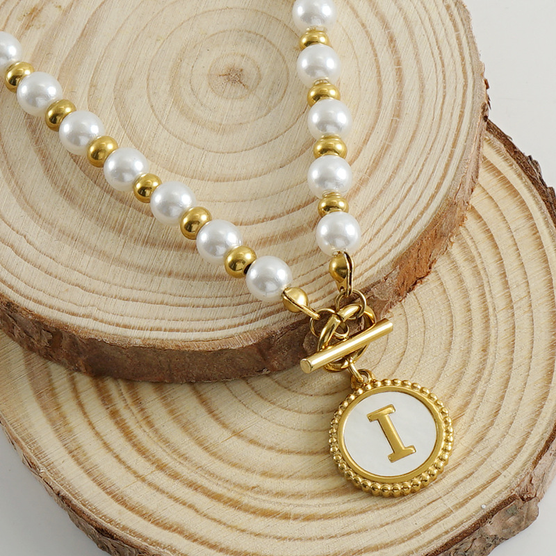 Pendant Necklace Classification 304 Stainless Steel Chain Material Simple Style Round Letter Imitation Pearl Titanium Steel Inlaid Shell Pendant Necklace 1 Piece