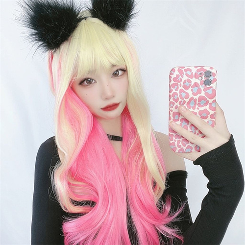 Cross-border e-commerce wig for women with big wavy golden gradient pink live broadcast source internet celebrity cute long curly hair full headgear