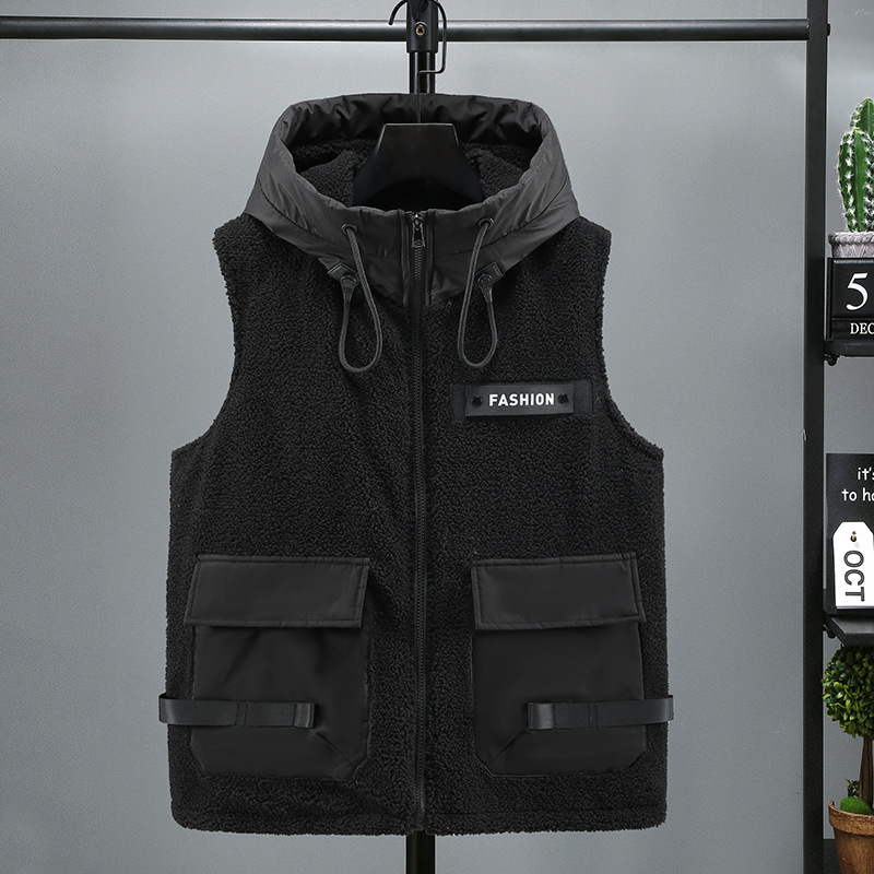 Cross-border winter new large-size fashion youth cotton vest for men, warm sleeveless jacket, faux lamb wool trendy brand vest