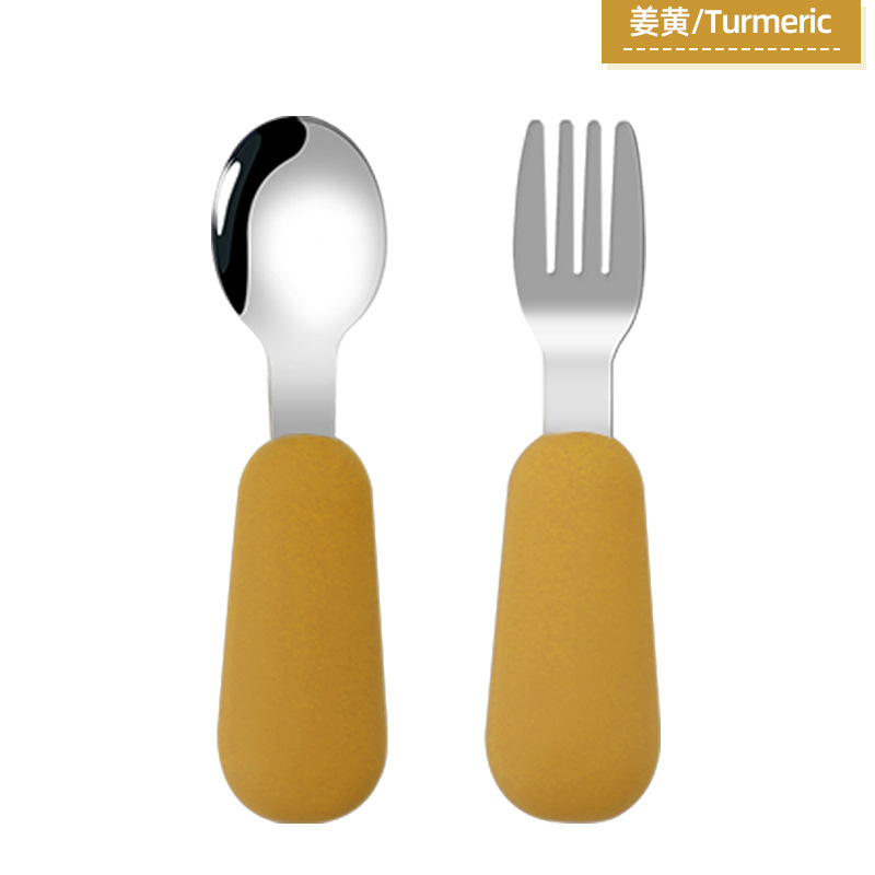 Cuchara de tenedor para niños traje de bebé tenedor cuchara mango corto 316 cuchara de tenedor de silicona de acero inoxidable cuchara de tenedor de suplemento alimenticio para bebés