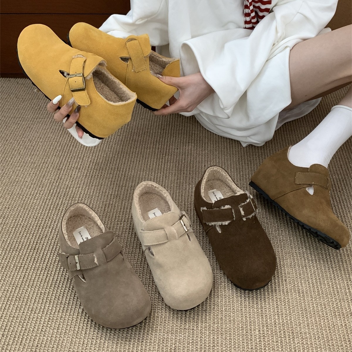 牛皮版!内增高7cm内增高厚底鞋女秋冬新款复古丑萌加绒棉鞋