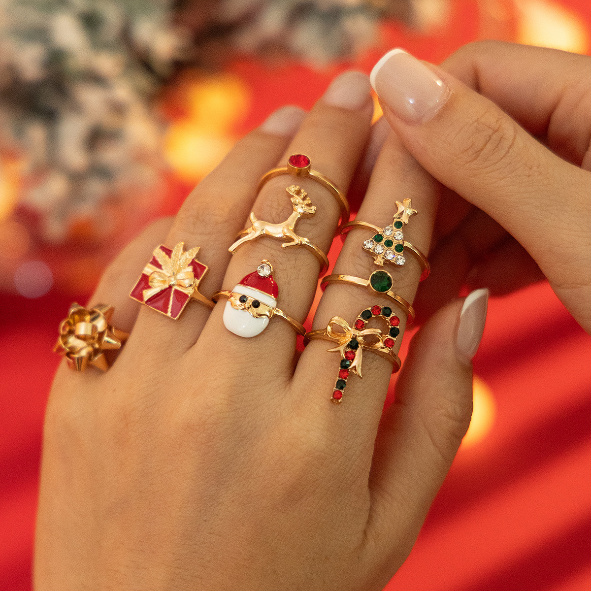 European And American Jewelry Fashion Metallic Reindeer Ring Christmas Trend Holiday Gift Ring Set Of 8 Pieces_voghion.com