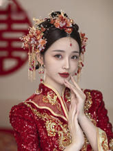2024年新款中式复古红色琉璃花后区秀禾服结婚头饰新娘头饰额批发