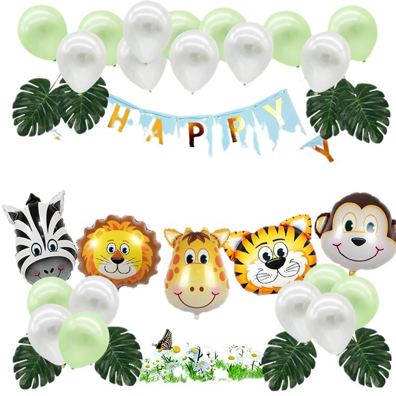 Niños bosque animal tema niño dibujos animados globo niños cabeza de animal cumpleaños globo traje cola de pez tire bandera