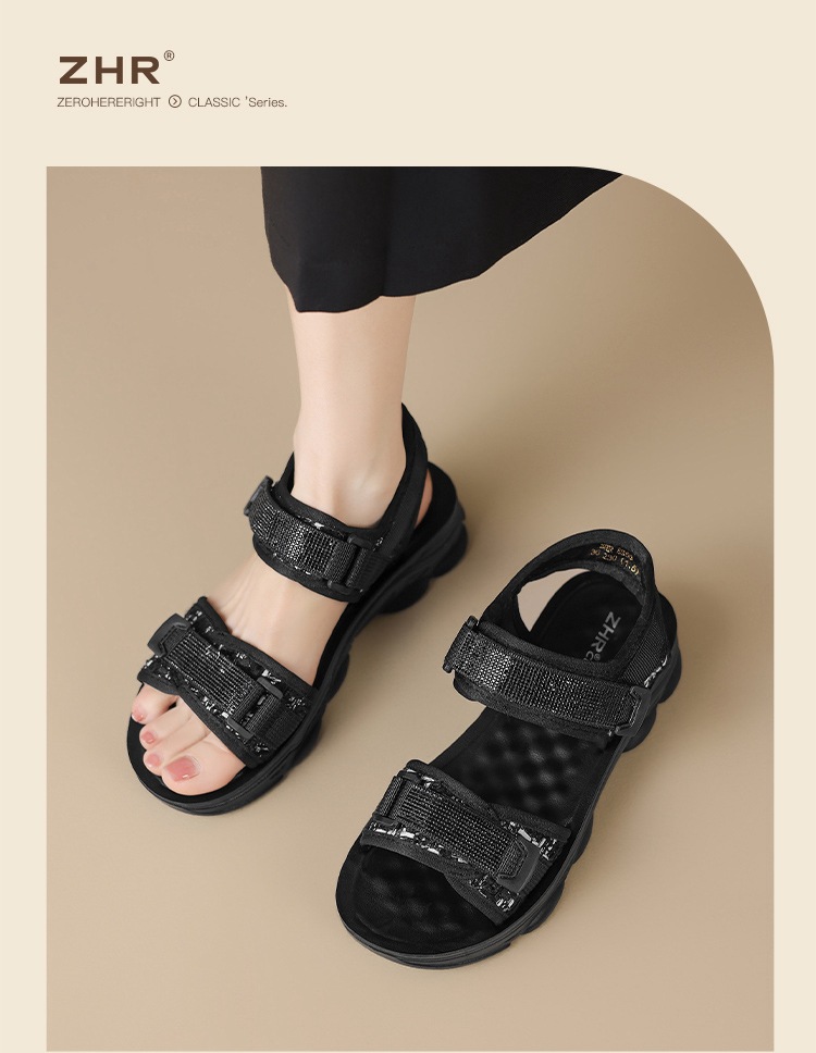 Sandal nữ đế dày quai dán đính đá phong cách thể thao — ES58 Màu be chi tiết 16
