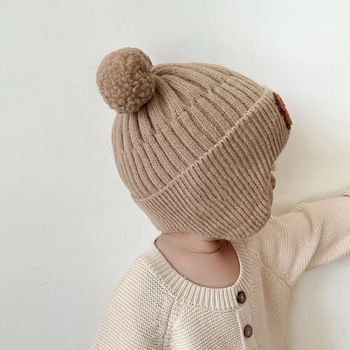 Baby hat, cute bear knitted ear cap, children's winter thick warm wool hat, Korean infant hat