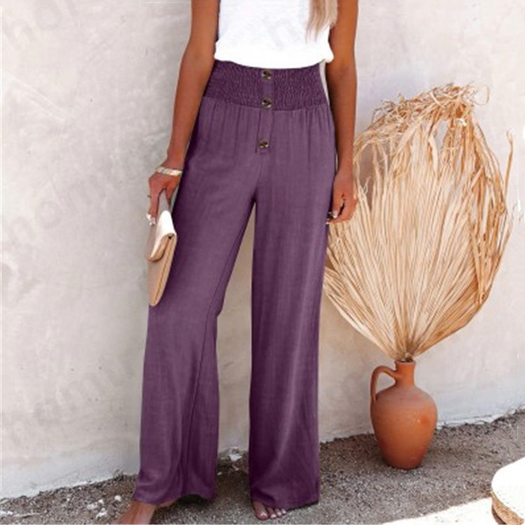 European and American Spring and Summer New Cross-border Women's Pants Solid Color Cotton and Linen Loose Loose Button Casual Wide Leg Women