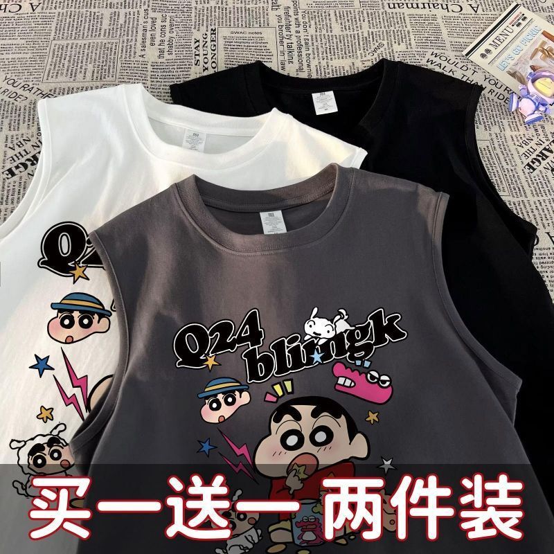Summer New Outfit Sleeveless T-shirt Men's and Women's Japanese Cartoon Anime Crayon Shin New Printed Top 12