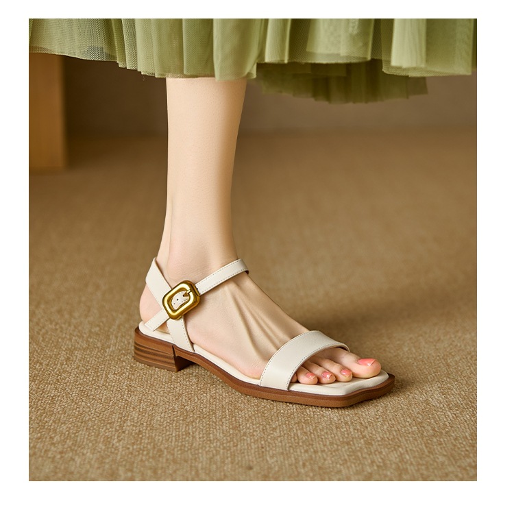 Sandal quai ngang hở mũi vuông đế bệt khóa đơn giản cỡ lớn 34–43 — Màu nâu chi tiết 6