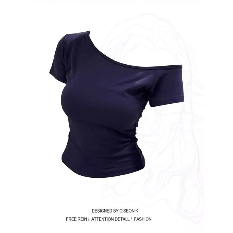 230g Ice Silk Ribbed Trendy Off-Shoulder Short-Sleeve Top for Women with a Unique Design, Summer Solid Color Off-Shoulder T-Shirt 230g Ice Silk Ribbed Trendy Off-Shoulder Short-Sleeve Top for Women with a Unique Design, Summer Solid Color Off-Shoulder T-Shirt