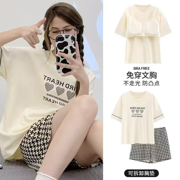Pijamas al por mayor transfronterizos, algodón de imitación para mujer, almohadilla para el pecho, nuevo verano a prueba de golpes, pantalones cortos de manga corta, traje de servicio a domicilio