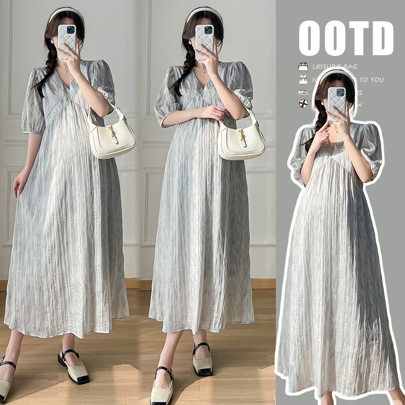 2026 New Maternity Summer Wear Gray Pleated Long Dress High-End Gray Slim Fit Style 2026 New Maternity Summer Wear Gray Pleated Long Dress High-End Gray Slim Fit Style