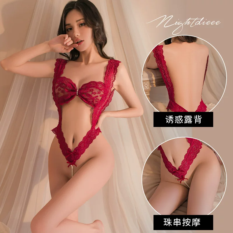 魅俪蔻 Interesting underwear lace temptation three-point female private bikini perspective pearl jumpsuit 2029