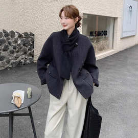 深灰色牛角扣双面羊绒大衣女2025秋冬新款高级感气质显瘦毛呢外套