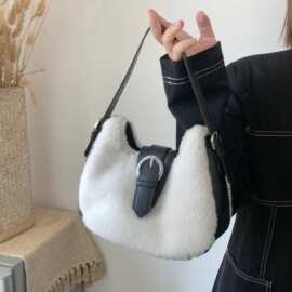 2026新款冬日日常上班通勤手提包毛绒包包女毛茸茸撞色斜挎单肩包