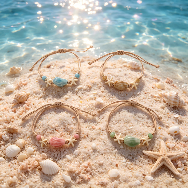 Ocean-Style Shell Woven Bracelet, Starfish and Conch Ceramic Bracelet, Adjustable Beach Holiday Jewelry for Couples