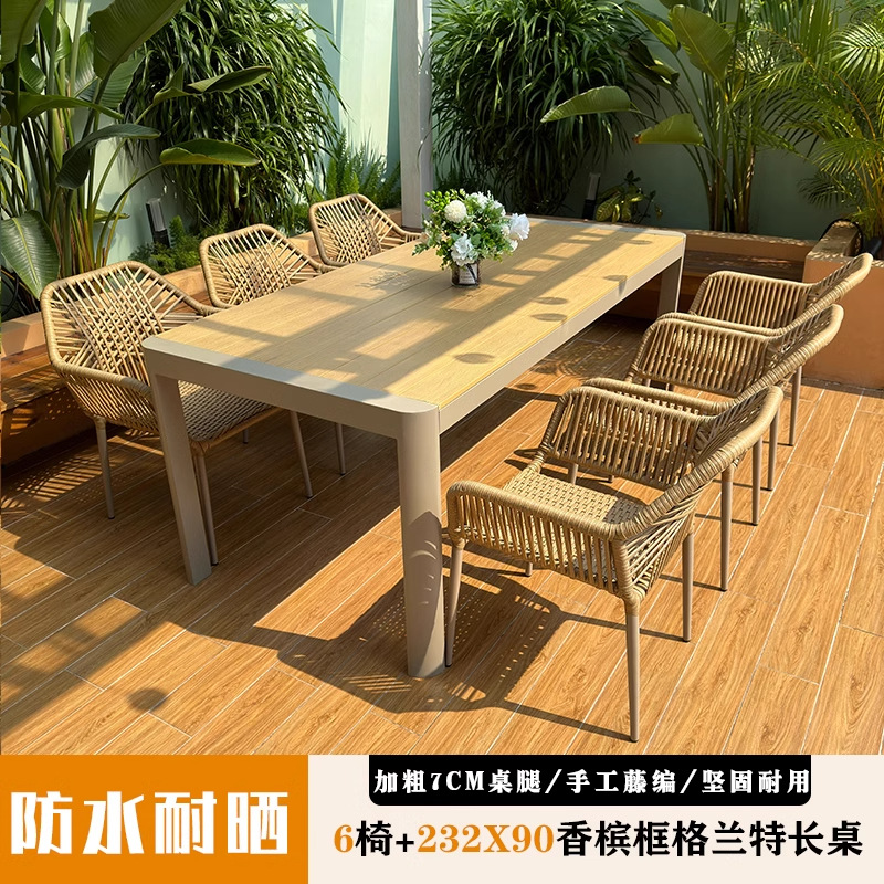 Mesa y silla al aire libre silla de patio silla de caña silla de ocio al aire libre villa jardín tela de caña combinación de mesa y silla de madera a prueba de agua y protección solar