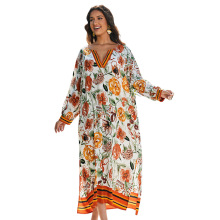欧美人棉水印橘色花沙滩罩衫V领宽松长袍式度假防晒衫比基尼罩衫