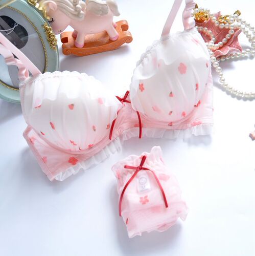 Japanese white pink printed film cup without rims fresh girl cute push up sexy underwear bra set