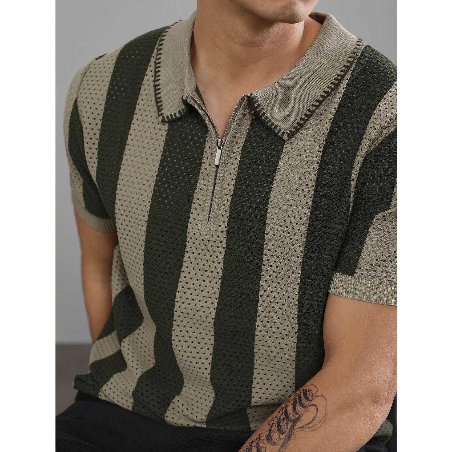 POLO camisa solapa suéter de manga corta hombres rayas huecas media cremallera negocios británicos verano comercio exterior transfronterizo al por mayor