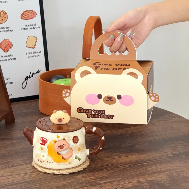 可爱动物马克杯带盖勺高颜值陶瓷水杯女生假壶杯子咖啡早餐杯儿童|undefined