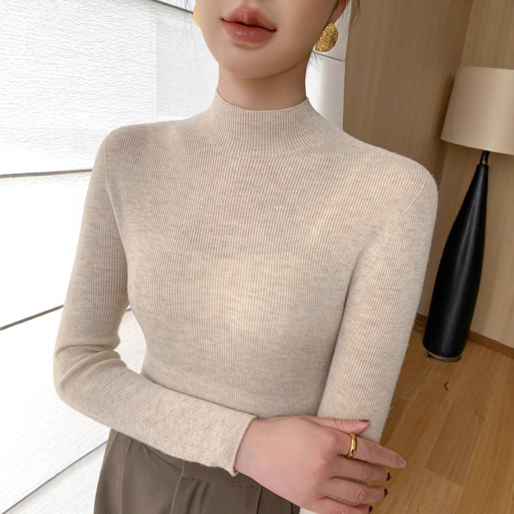 2025 New Autumn and Winter First-Line Ready-To-Wear Worsted Wool Women's Half Turtleneck Slimming Cashmere Inner Layering Shirt