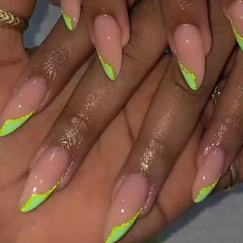Lime Sweet Kiss Press-On Nails, Medium-Length Almond Shape, Nude Lime Green French Style with Glitter Edges, Fresh Summer Nail Stickers Lime Sweet Kiss Press-On Nails, Medium-Length Almond Shape, Nude Lime Green French Style with Glitter Edges, Fresh Summer Nail Stickers