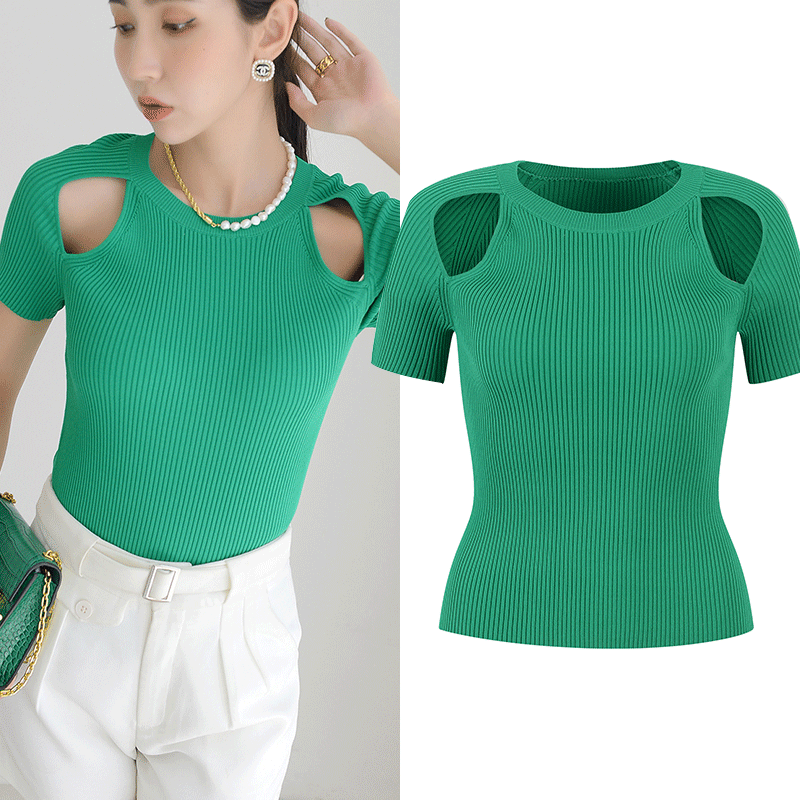 French-Style Elegant Shoulder-Cutout Knit Top 2024 Summer Off-Shoulder Slim-Fit Short-Sleeve Ice Silk Green Round-Neck Top