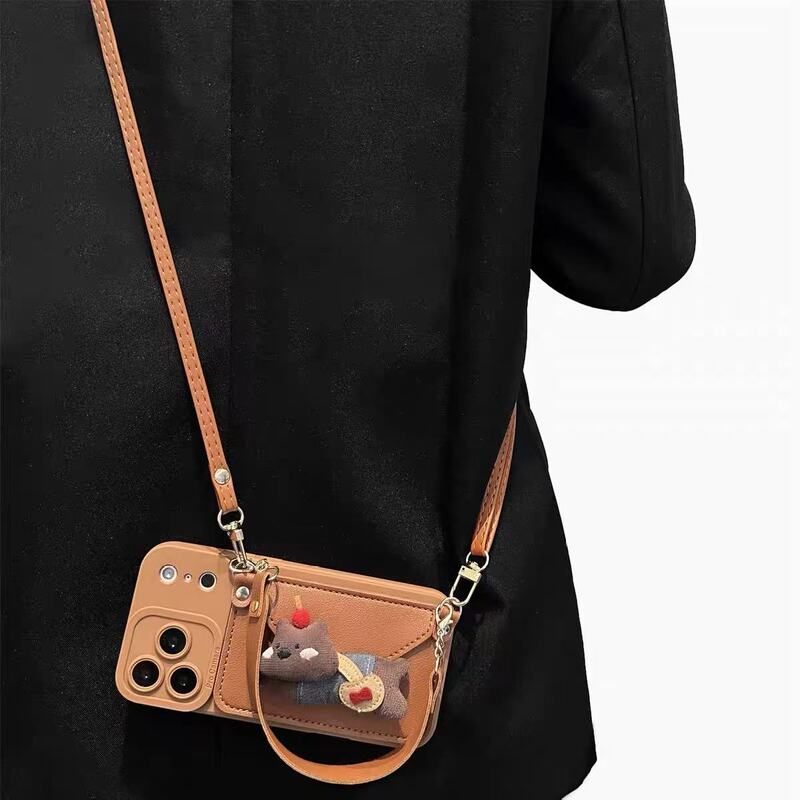 Brown Cherry Xiaoxin Card Holder Suitable for Apple 16 Pro Max Phone Case iPhone 17 Crossbody 13 Lanyard 15 Soft