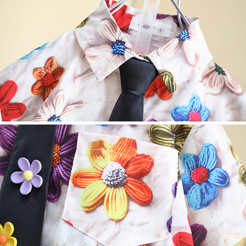 7334 Traje de verano para niños 2025 Nuevo estilo para niños Camisa de flores de manga corta delgada para bebés Pantalones cortos de dos piezas para niños