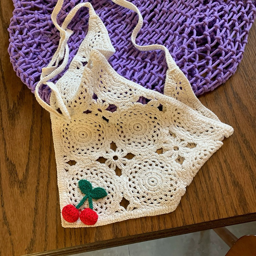 Francia cereza toallas triangulares mujeres primavera y otoño viajes padres-hijos gancho de punto flores hueco pañuelo de arte correa de pelo gorro