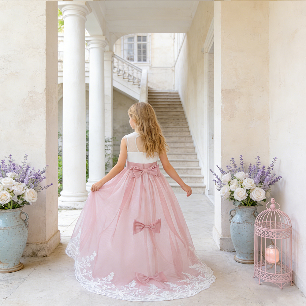 Vestido de princesa para niñas, nuevo modelo 2026 de Amazon, vestido de boda bordado para niñas, vestido largo con lazo y cola, vestido de noche