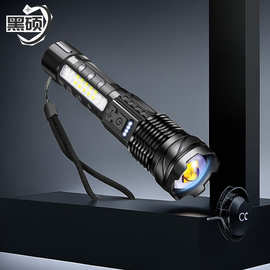 跨境强光手电筒充电户外照明伸缩变焦白激光手电带侧灯LED工作灯