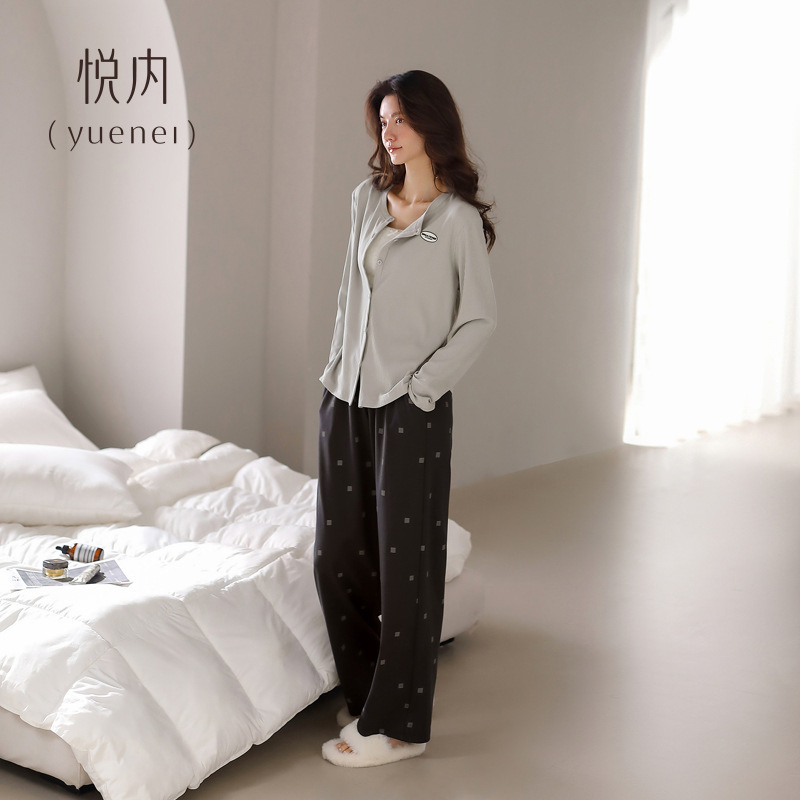 悦内睡衣女春秋季秋款纯棉长袖长裤家居服休闲开衫套装可外穿出门|undefined