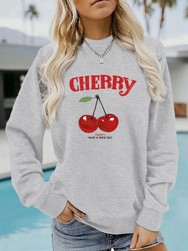 European and American cross-border autumn and winter women's casual long-sleeved round neck CHERRY cherry print crew neck sweatshirt batch