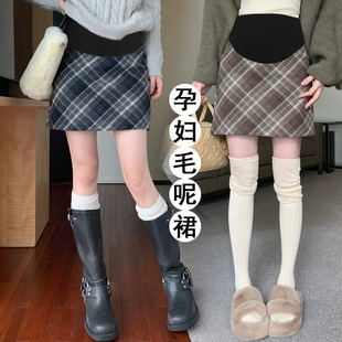 in stock Maternity Dress Plaid American Style Retro Wool Skirt Women's Autumn and Winter Light-proof Outer Wear Slim-fit Skirt